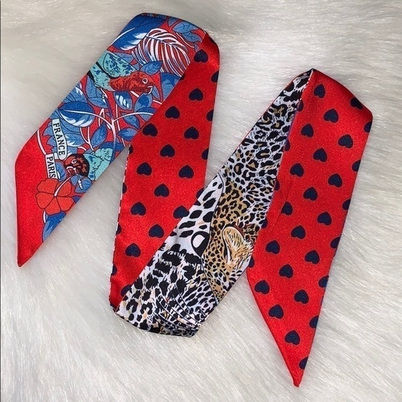 PARROT CHEETAH HEARTS SKINNY SCARF PARIS PRINT BAG HANDLE WRAP BANDEAU HAIR TIE - Picture 7 of 7